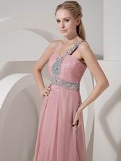 One Shoulder Baby Pink Chiffon Beaded Dress For Prom Wear