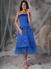 Tea-length Royal Blue Mother Of The Bride Dress With Belt Modest