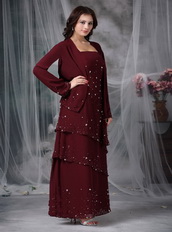 Layers Skirt Burgundy Mother Of The Bride Dress And Coat Modest