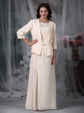 Champagne Chiffon Beaded Mather Of Bride Dress And Coat Modest