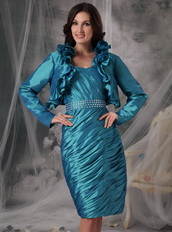 Strapless Teal Mother of the Bride Dress With Long Sleeves Jacket Modest