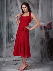 Wine Red Tied Halter Tea-length Mother Of Bride Dress Modest