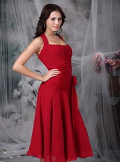 Wine Red Tied Halter Tea-length Mother Of Bride Dress Modest