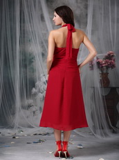 Wine Red Tied Halter Tea-length Mother Of Bride Dress Modest