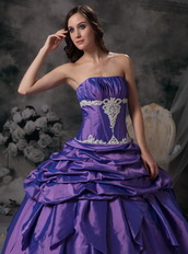 Lavender Ball Gown Strapless Floor-length Taffeta Appliques Prom / Evening Dress Modest