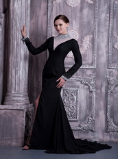 Black Column High-neck Mother Of The Bride Dress Long Sleeves Modest