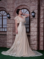 Modest V-neck Champagne Chiffon and Lace Mother Of Bride Dress Modest