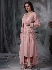 Asymmetrical Pink Chiffon Mother of the Bride Dress With Coat Modest