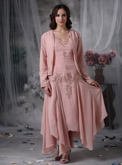 Asymmetrical Pink Chiffon Mother of the Bride Dress With Coat Modest