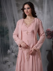 Asymmetrical Pink Chiffon Mother of the Bride Dress With Coat Modest
