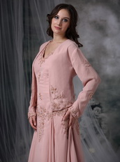 Asymmetrical Pink Chiffon Mother of the Bride Dress With Coat Modest