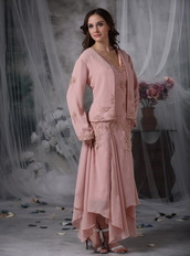 Asymmetrical Pink Chiffon Mother of the Bride Dress With Coat Modest