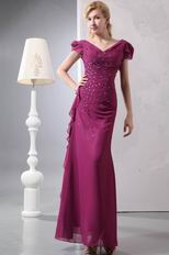 V Neck Cap Sleeves Ruby Chiffon Mother Of The Bride Dress