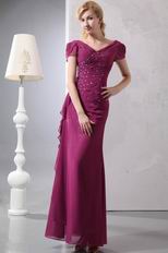 V Neck Cap Sleeves Ruby Chiffon Mother Of The Bride Dress