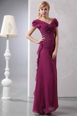 V Neck Cap Sleeves Ruby Chiffon Mother Of The Bride Dress