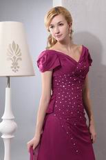 V Neck Cap Sleeves Ruby Chiffon Mother Of The Bride Dress