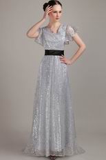 Short Sleeves Silver Sequin Fabric Mother of the Bride Dress