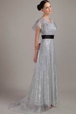 Short Sleeves Silver Sequin Fabric Mother of the Bride Dress