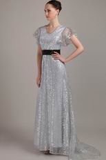 Short Sleeves Silver Sequin Fabric Mother of the Bride Dress