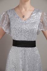 Short Sleeves Silver Sequin Fabric Mother of the Bride Dress