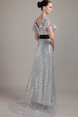 Short Sleeves Silver Sequin Fabric Mother of the Bride Dress