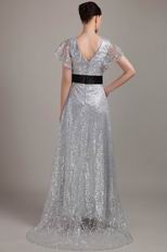 Short Sleeves Silver Sequin Fabric Mother of the Bride Dress