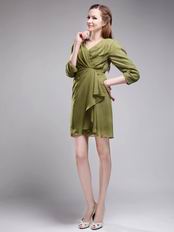 V-neck 3/4 Sleeves Olive Green Short Dress To Mother Of The Bride