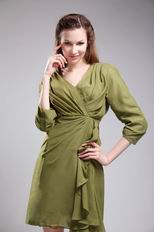 V-neck 3/4 Sleeves Olive Green Short Dress To Mother Of The Bride