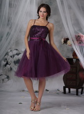 Spaghetti Straps Paillette Short Prom Dress Dark Purple Knee Length Sexy