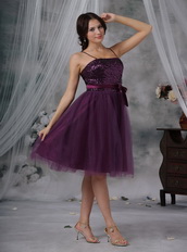 Spaghetti Straps Paillette Short Prom Dress Dark Purple Knee Length Sexy