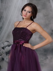 Spaghetti Straps Paillette Short Prom Dress Dark Purple Knee Length Sexy