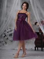 Spaghetti Straps Paillette Short Prom Dress Dark Purple Knee Length Sexy