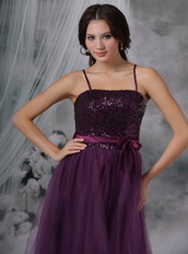 Spaghetti Straps Paillette Short Prom Dress Dark Purple Knee Length Sexy