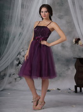 Spaghetti Straps Paillette Short Prom Dress Dark Purple Knee Length Sexy