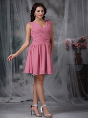 Hot Sell V-neck Mini Prom Dress By Roes Pink Chiffon Knee Length Sexy