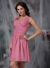 Hot Sell V-neck Mini Prom Dress By Roes Pink Chiffon Knee Length Sexy