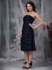 Navy Blue Strapless Lace Layers Short Prom Dress Cheap Knee Length Sexy