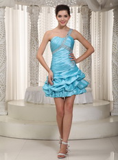 One Shoulder Mini-length Taffeta Cocktail Dress In Aqua Blue Knee Length Sexy