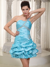 One Shoulder Mini-length Taffeta Cocktail Dress In Aqua Blue Knee Length Sexy