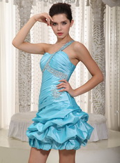 One Shoulder Mini-length Taffeta Cocktail Dress In Aqua Blue Knee Length Sexy