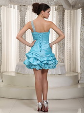 One Shoulder Mini-length Taffeta Cocktail Dress In Aqua Blue Knee Length Sexy