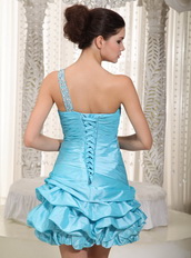 One Shoulder Mini-length Taffeta Cocktail Dress In Aqua Blue Knee Length Sexy