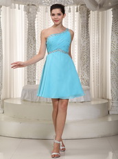 Cute One Shoulder Mini-length Aqua Chiffon Mini Dress For Party Knee Length Sexy