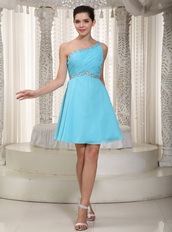 Cute One Shoulder Mini-length Aqua Chiffon Mini Dress For Party Knee Length Sexy