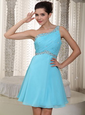 Cute One Shoulder Mini-length Aqua Chiffon Mini Dress For Party Knee Length Sexy