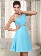 Cute One Shoulder Mini-length Aqua Chiffon Mini Dress For Party Knee Length Sexy