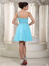 Cute One Shoulder Mini-length Aqua Chiffon Mini Dress For Party Knee Length Sexy