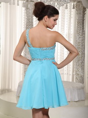 Cute One Shoulder Mini-length Aqua Chiffon Mini Dress For Party Knee Length Sexy