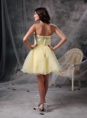 Yellow Strapless Knee-length Orangza Short Beaded Prom Dress Knee Length Sexy