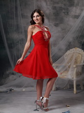V-neck Knee-length Red Chiffon Beaded Prom Dress Short Knee Length Sexy